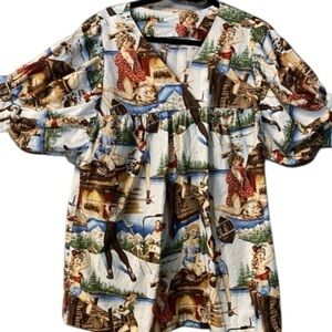 Women’s Alexander Henry Vintage Novelty Pin Up Girls The Great Outdoors Top M/L